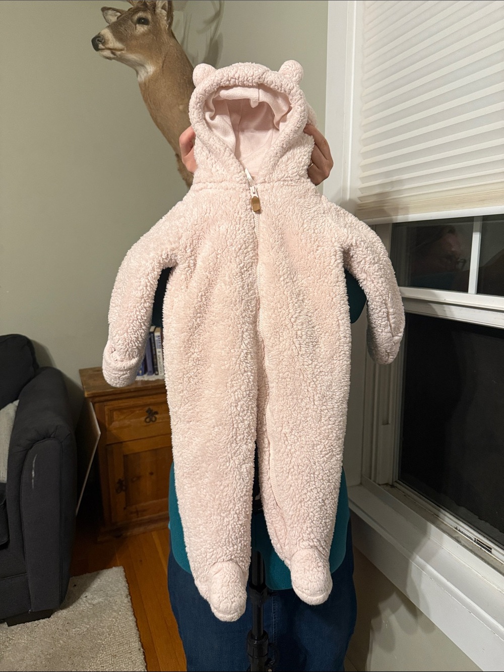 Carter's Plush Hooded Baby One-Piece in Light Pink with Bear Ears